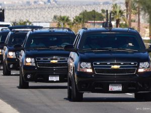 President Obama in a motorcade of Chevrolet Suburbans